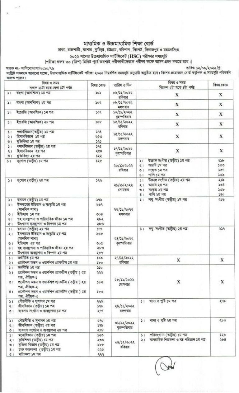 HSC Routine 2022 pdf Dhaka Dinajpur Chittagong Rajshahi Board Download